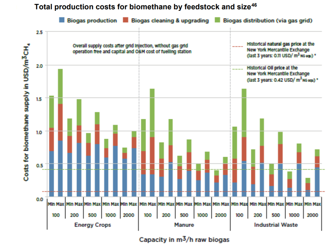 Cost of biogas plant - Graphic total production costs for biomethane by feedstock and size